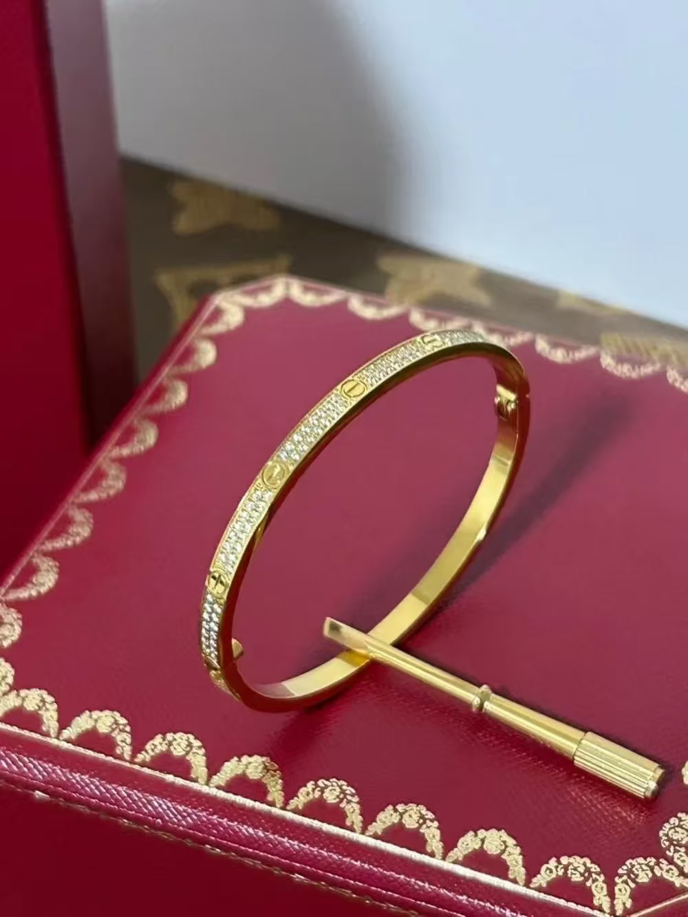 Gold Crystal Screw-Detail Bangle Bracelet